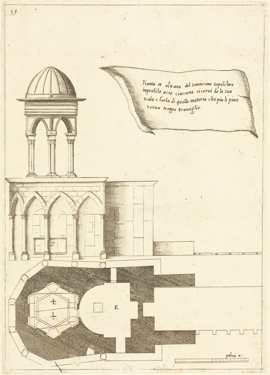 Plan and Elevation of the Church of the Holy Sepulchre, by Jacques Callot, ink, 1619