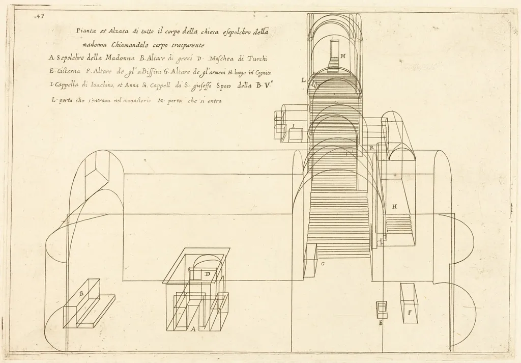 Plan and Elevation of the Church of the Madonna's Sepulchre, by Jacques Callot, ink, 1619