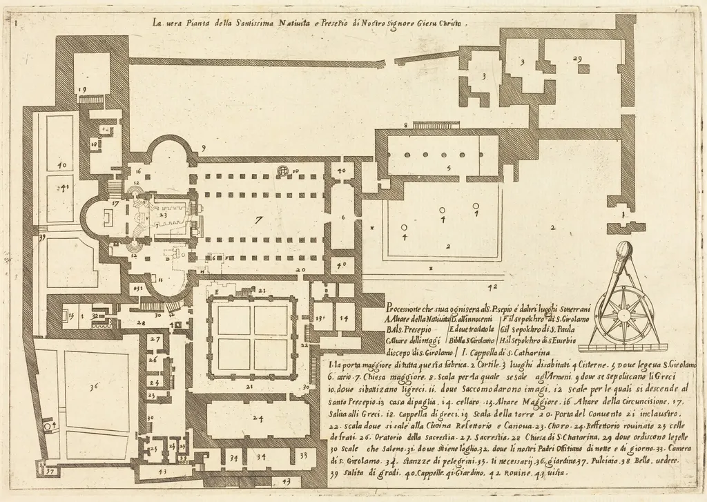 Plan of the Church of the Holy Nativity, by Jacques Callot, ink, 1619