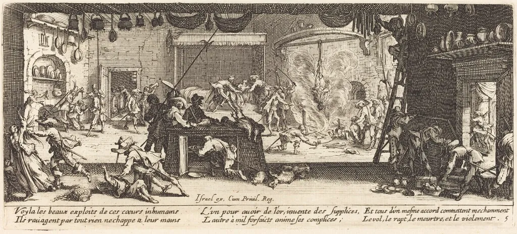 Plundering a Large Farmhouse, by Jacques Callot, ink, 1633