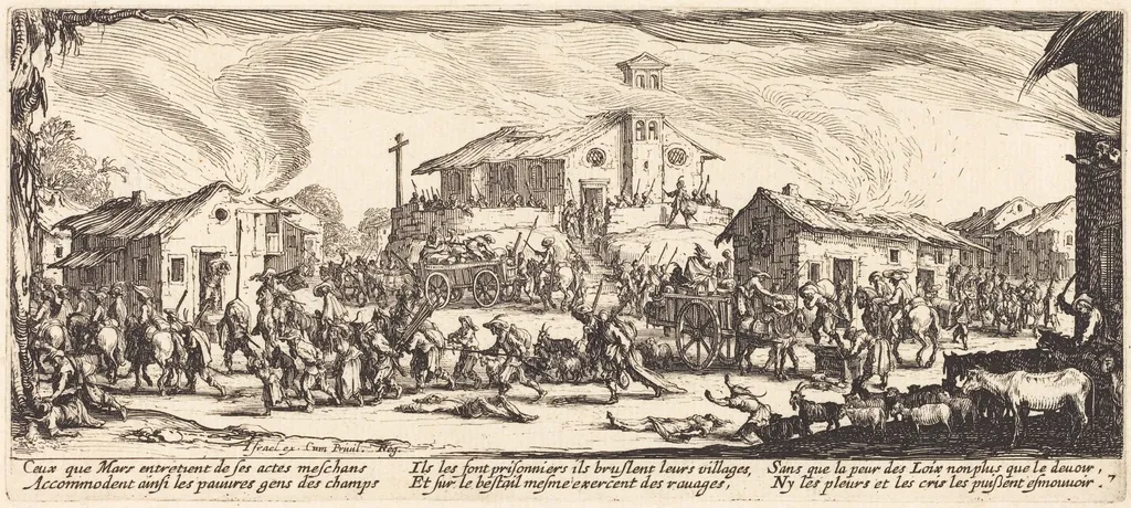 Plundering and Burning a Village, by Jacques Callot, ink, 1633