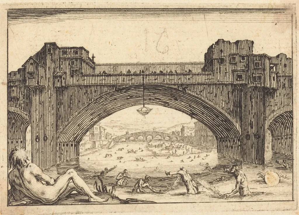 Ponte Vecchio, Florence, by Jacques Callot, ink, 1617