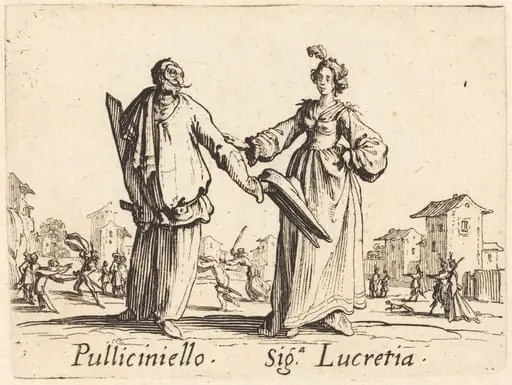 Pulliciniello and Siga. Lucretia, by Jacques Callot