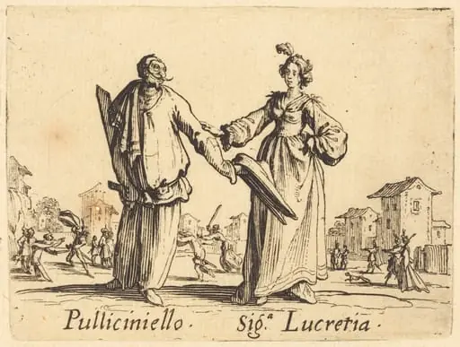 Pulliciniello and Siga. Lucretia, by Jacques Callot