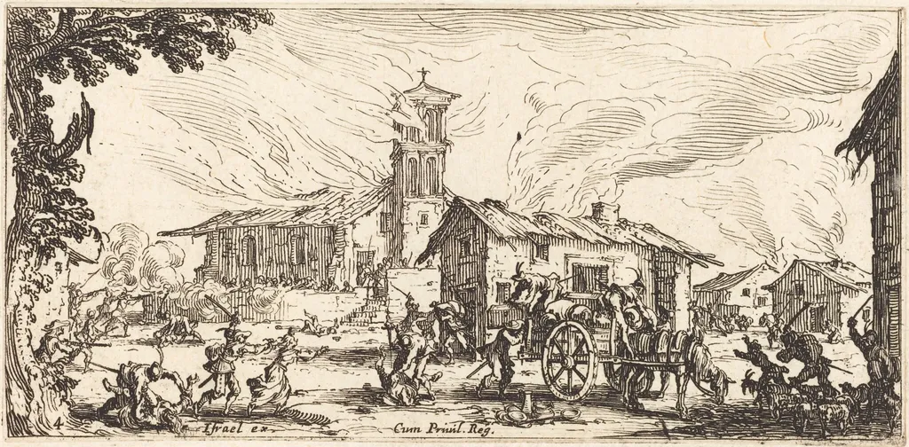 Ravaging and Burning a Village, by Jacques Callot, ink, 1633