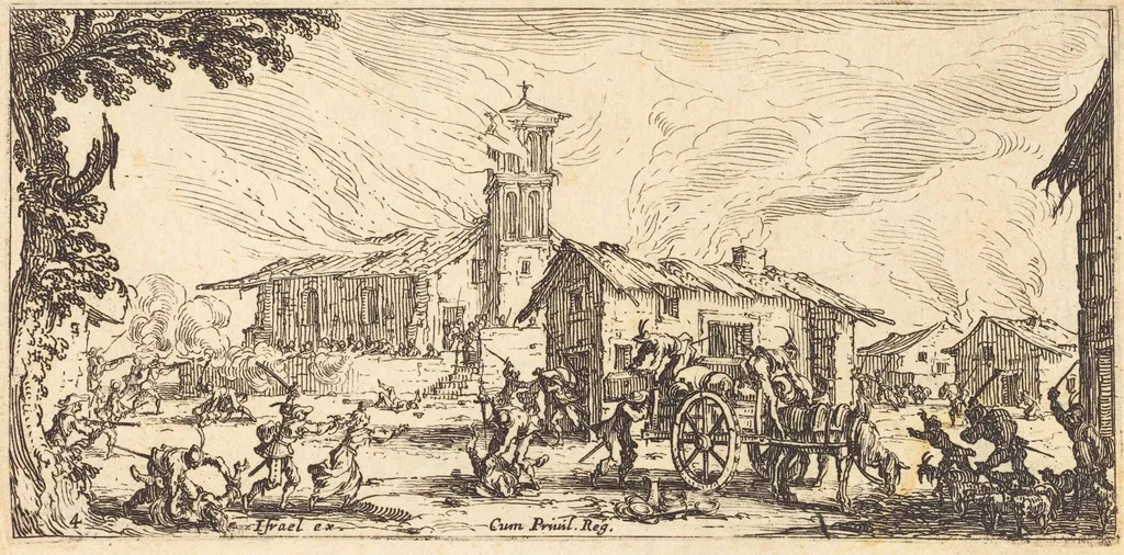 Ravaging and Burning a Village, by Jacques Callot, ink, 1633