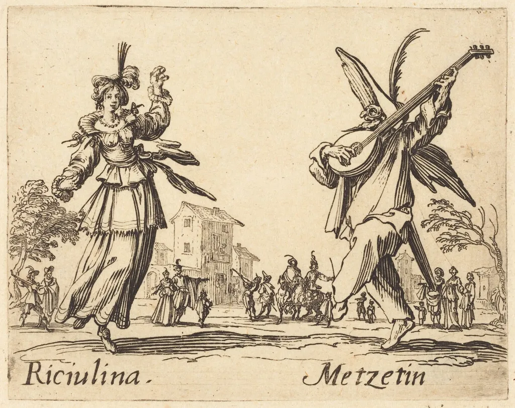 Riciulina and Metzetin, by Jacques Callot, ink, 1622