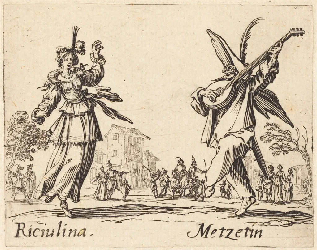 Riciulina and Metzetin, by Jacques Callot, ink, 1622