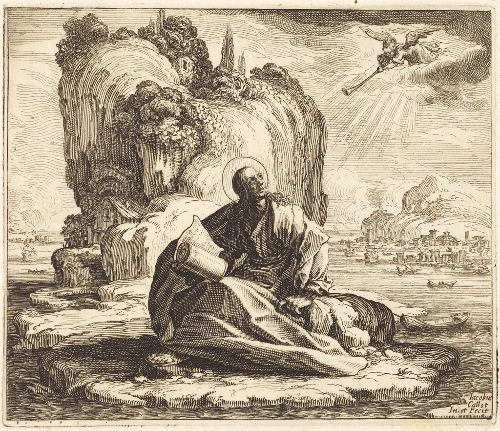 Saint John on the Isle of Patmos, by Jacques Callot, ink, 1625