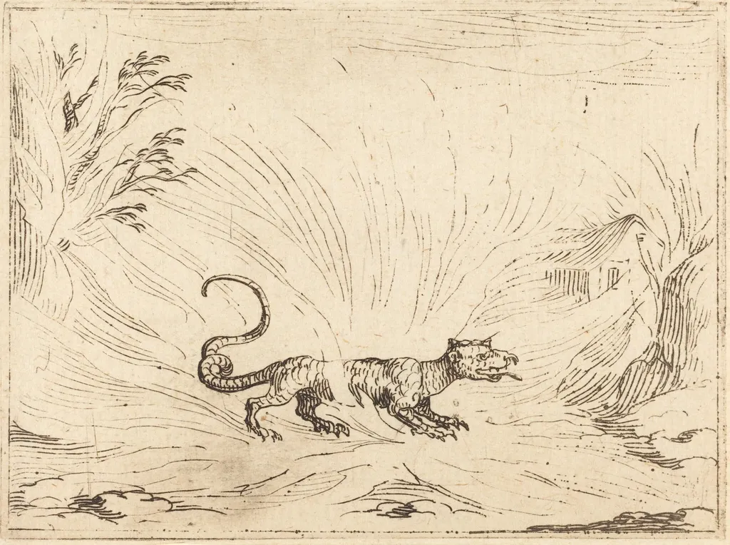 Salamander Surrounded by Flames, by Jacques Callot, ink, 1628