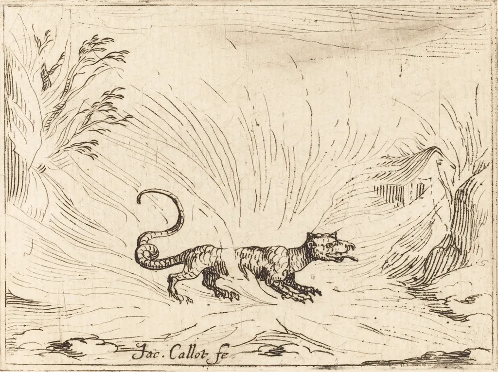 Salamander Surrounded by Flames, by Jacques Callot, ink, 1628