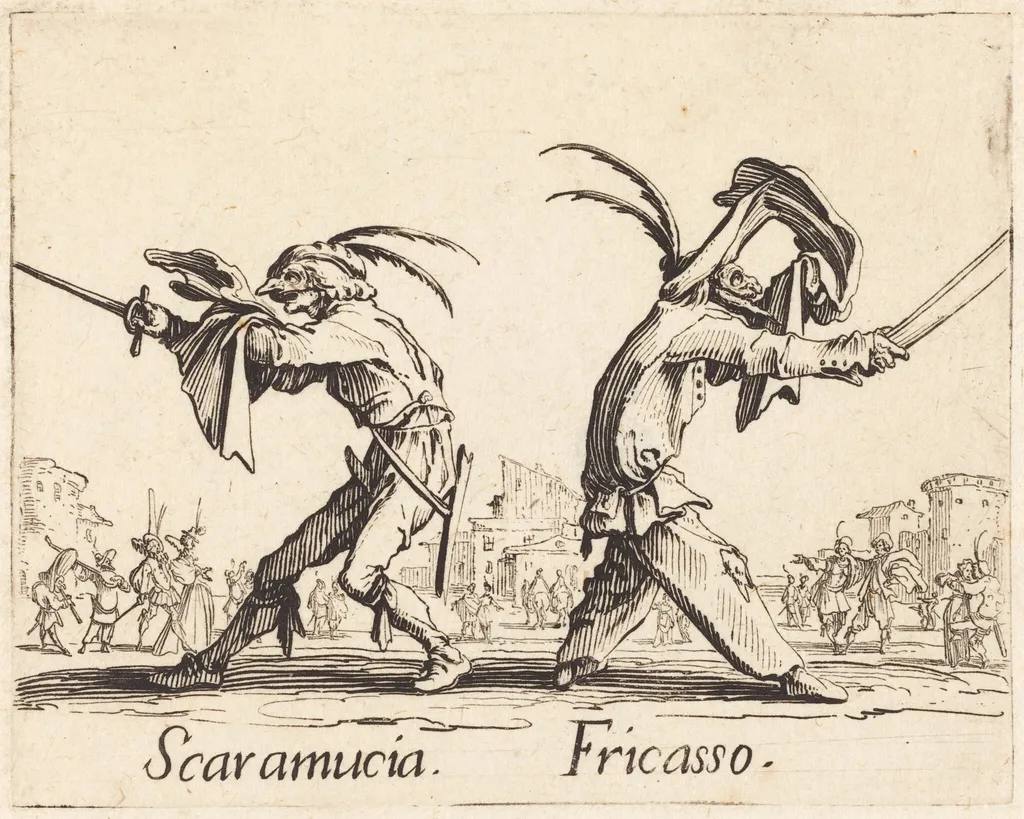 Scaramucia and Fricasso, by Jacques Callot, ink, 1622