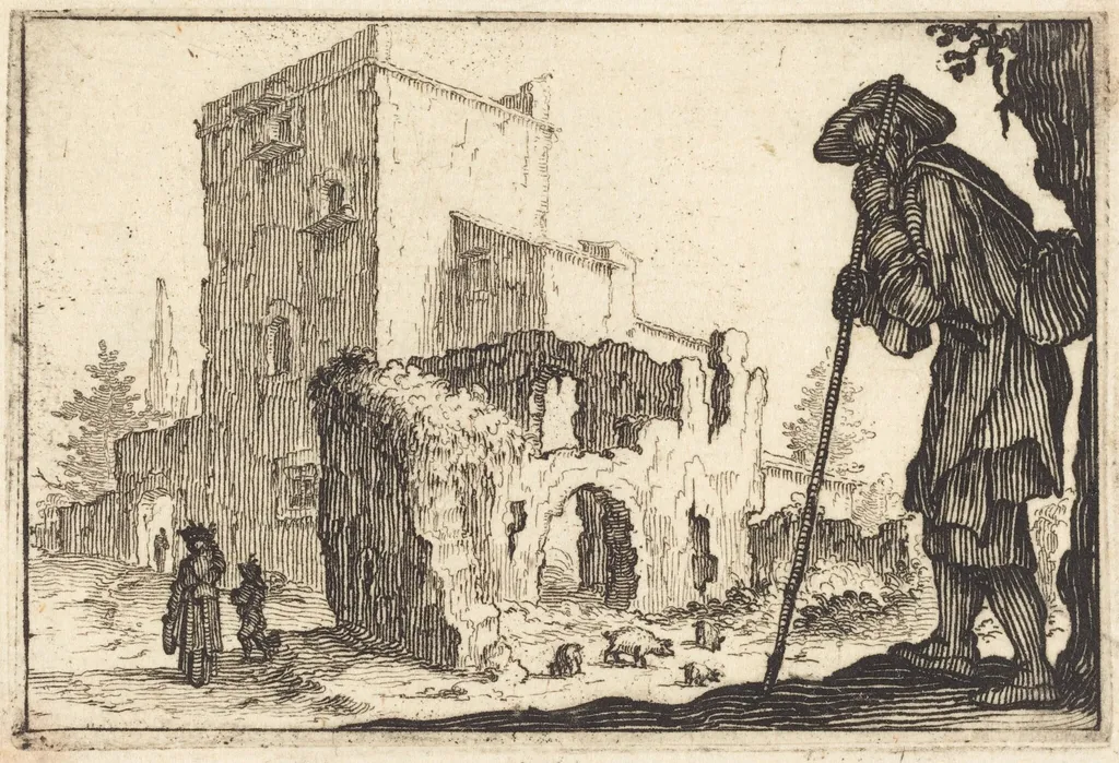Shepherd and Ruins, by Jacques Callot, ink, 1617
