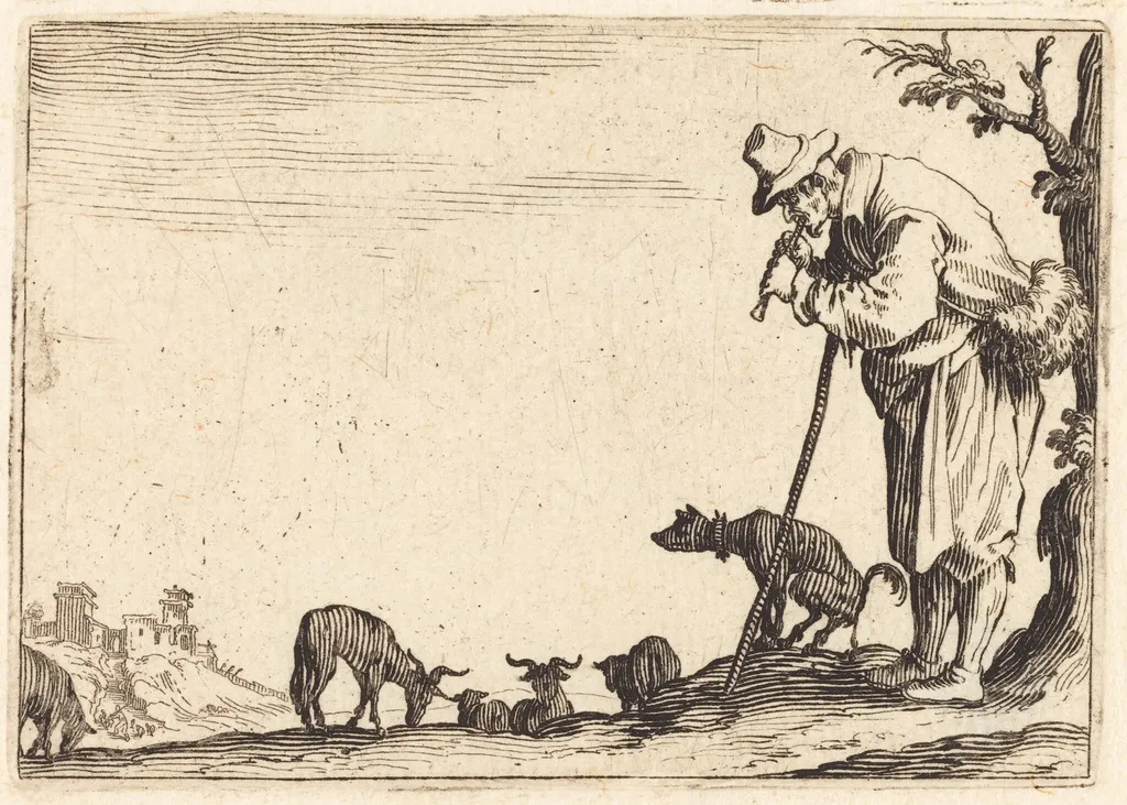 Shepherd Playing Flute, by Jacques Callot, ink, 1622