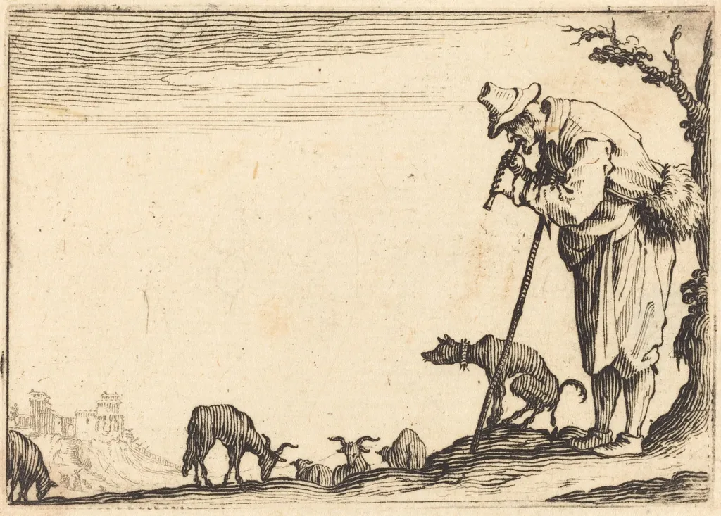 Shepherd Playing Flute, by Jacques Callot, ink, 1617