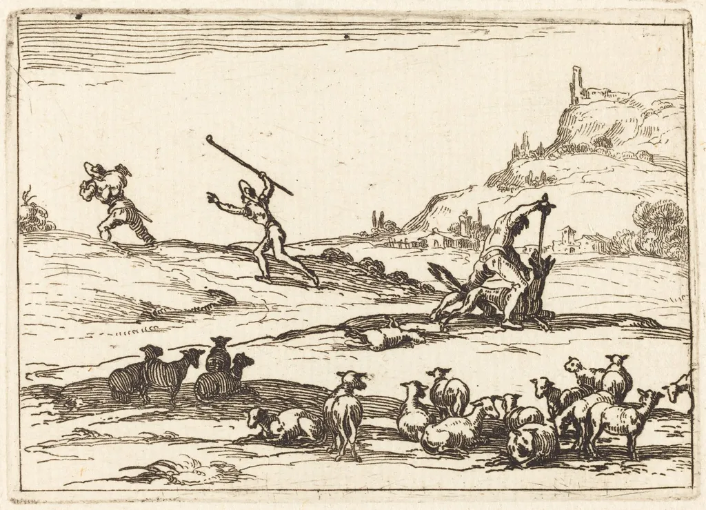 Shepherds Defending their Herds, by Jacques Callot, ink, 1628