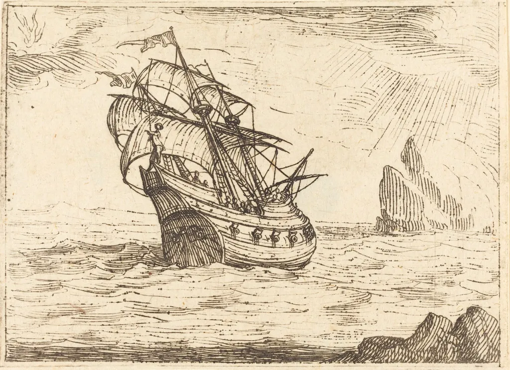 Ship Navigating Near Rocks, by Jacques Callot, ink, 1628