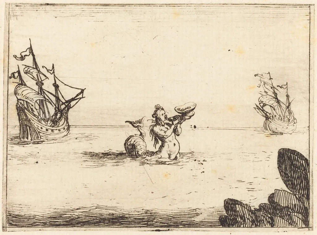 Siren between Two Ships, by Jacques Callot, ink, 1628