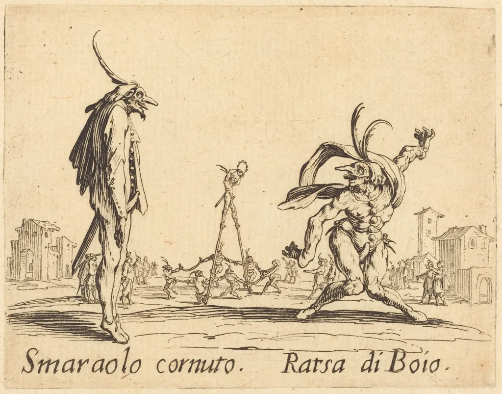 Smaralo Cornuto and Ratsa di Boio, by Jacques Callot, ink, 1622