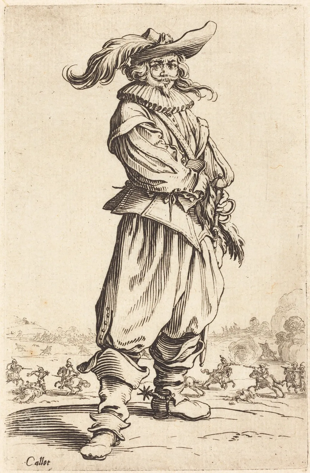 Soldier with Feathered Hat, by Jacques Callot, ink, 1622