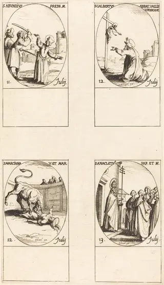 St. Abundius; St. Galbertus; St. Marciana; St. Anacletus, by Jacques Callot, 1634