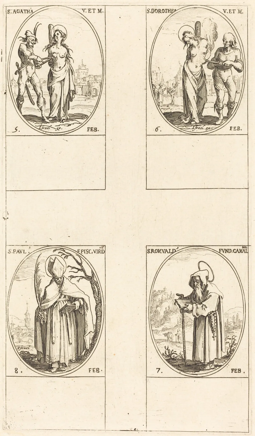 St. Agatha; St. Dorothy; St. Romuald of Ravenna; St. Paul, Bishop of Verdun, by Jacques Callot, ink, 1634