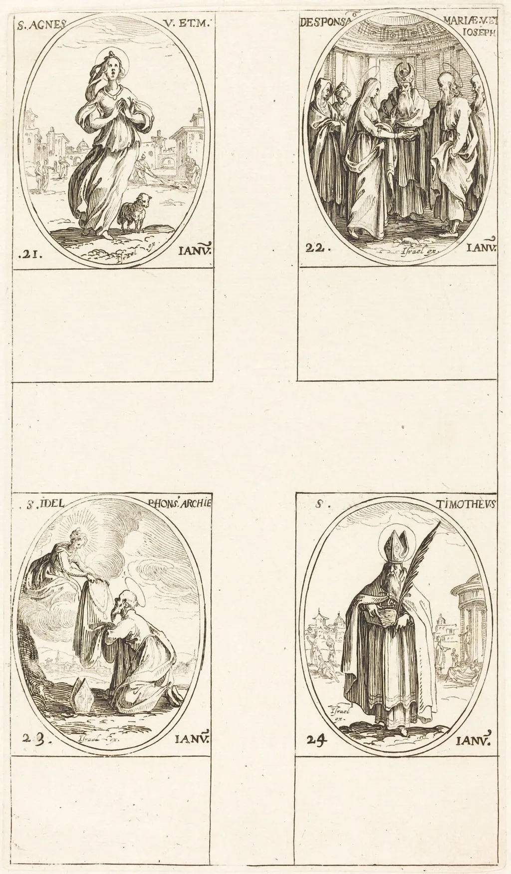 St. Agnes; The Marriage of the Virgin; St. Ildefonsus; St. Timothy, by Jacques Callot, ink, 1634
