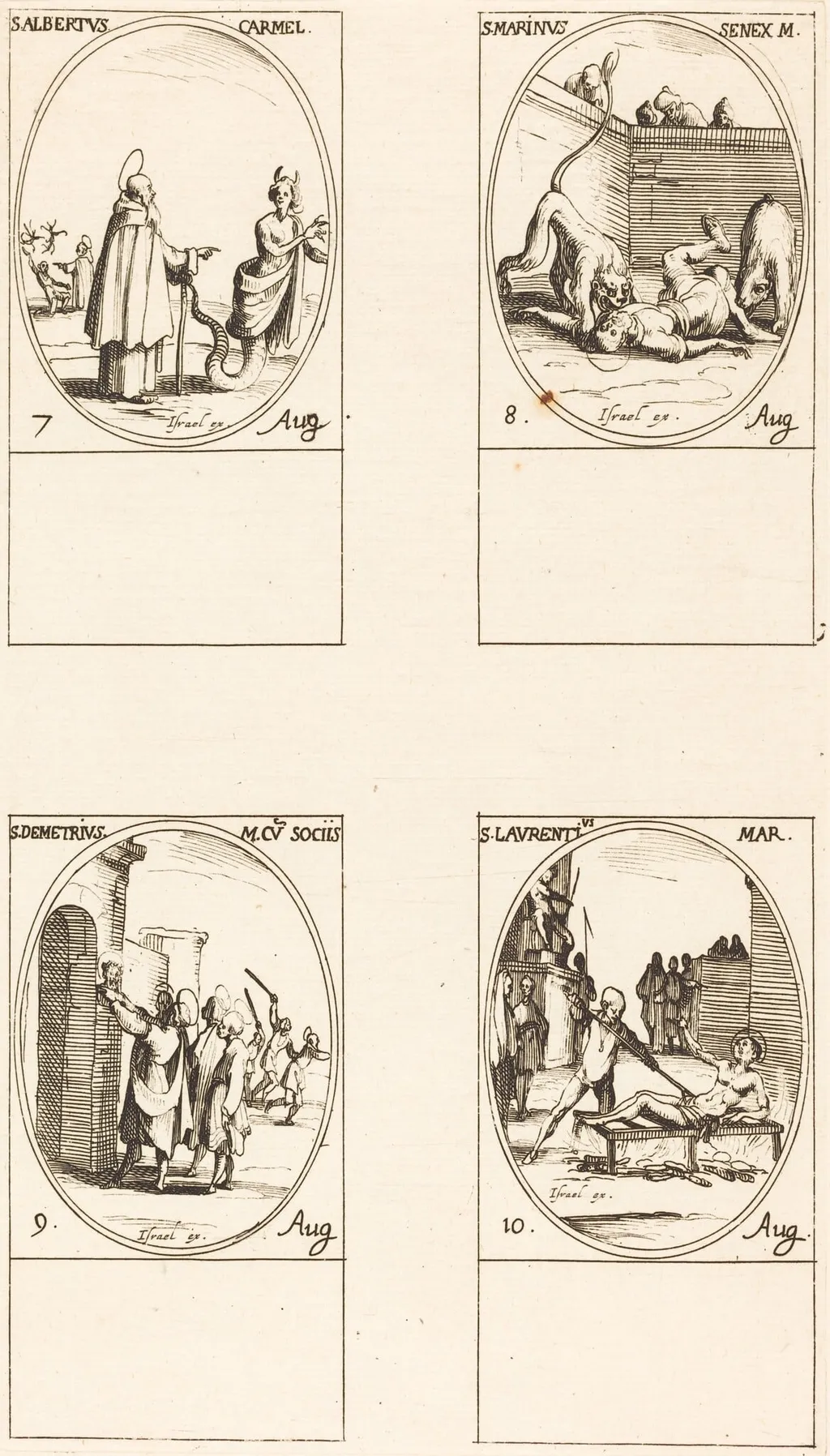 St. Albert of Sicliy, Carmelite; St. Martinus;St. Demetrius and Companions; St. Lawrence, by Jacques Callot, ink, 1634