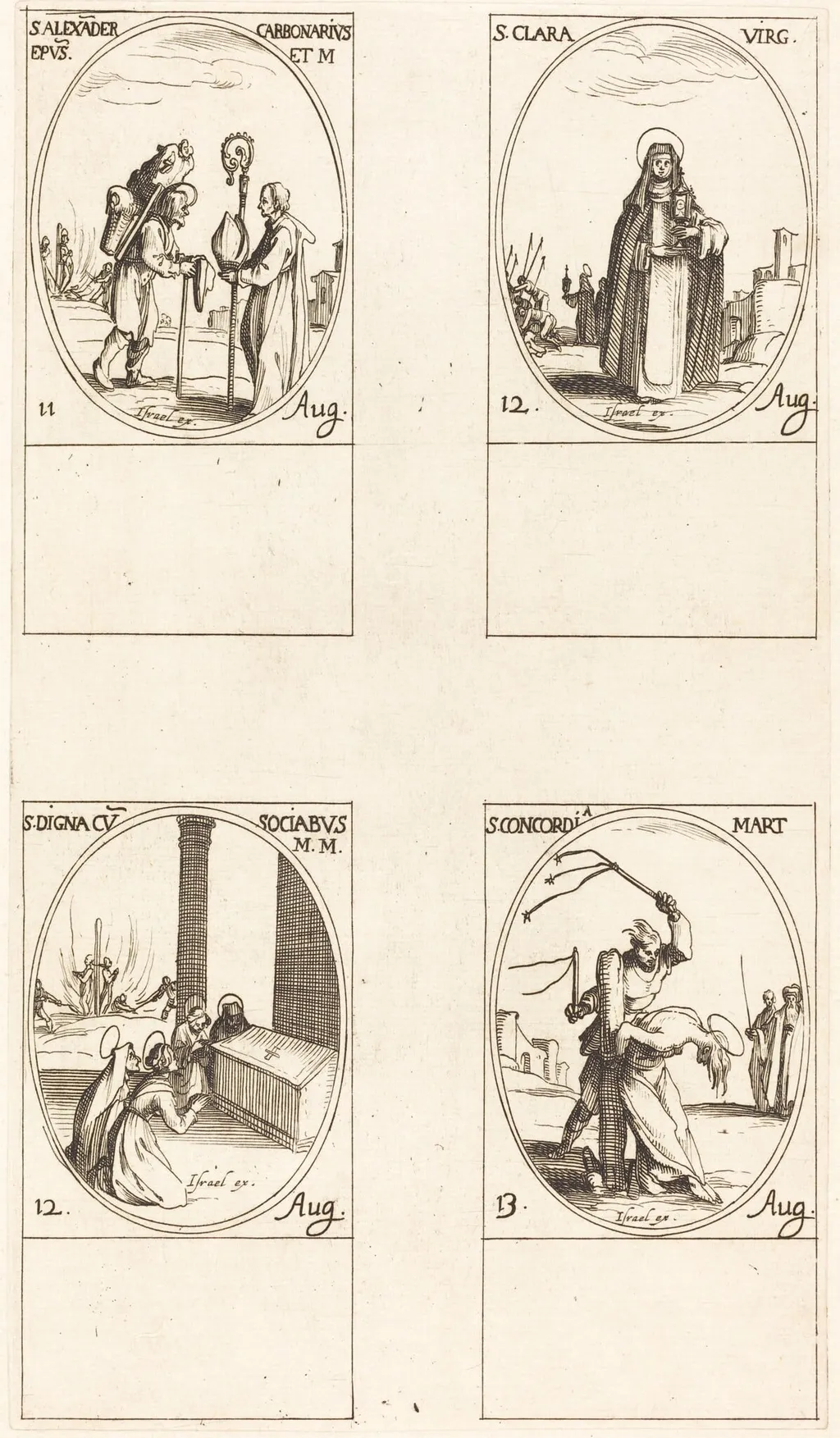 St. Alexander Carbonarius; St. Clare; St. Digna and Companions; St. Concordia, by Jacques Callot, ink, 1634