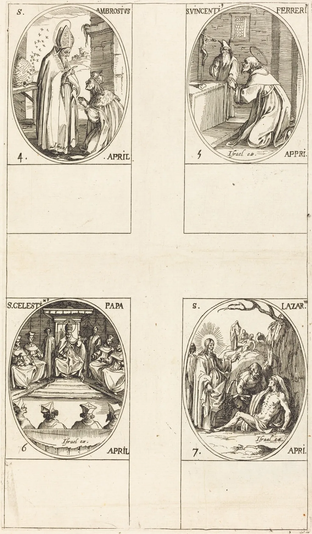 St. Ambrose; St. Vincent Ferrer; St. Celestin; St. Lazarus, by Jacques Callot, ink, 1634