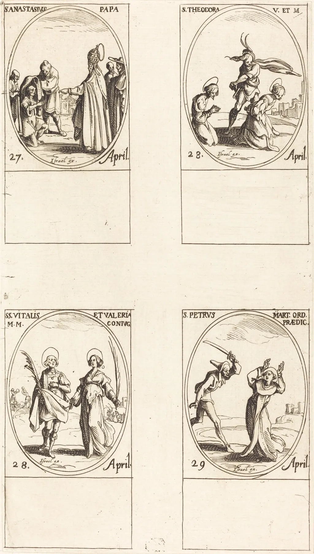 St. Anastasius; St. Theodora; Sts. Vitalis and Valeria; St. Peter Martyr, by Jacques Callot, ink, 1634