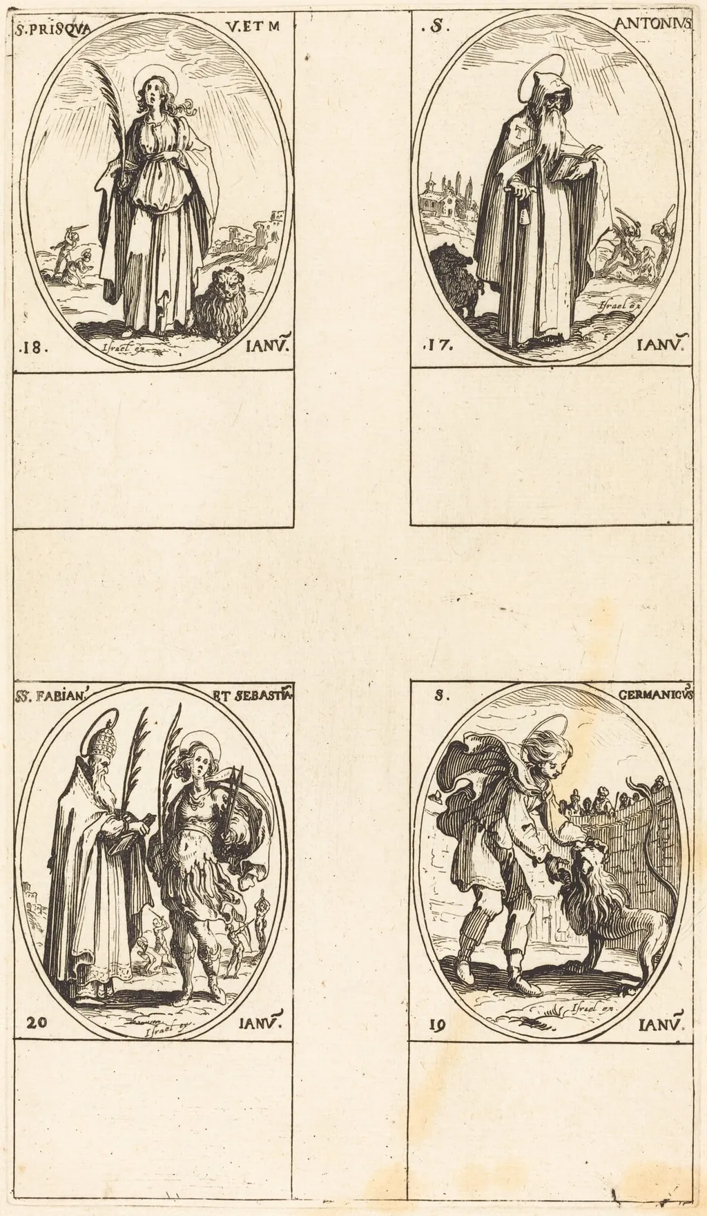 St. Anthony; St. Prisca; St. Germanicus; Sts. Fabian and Sebastian, by Jacques Callot, ink, 1634