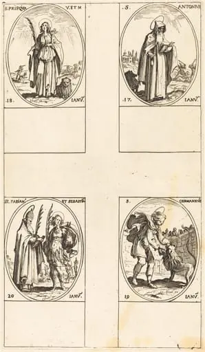 St. Anthony; St. Prisca; St. Germanicus; Sts. Fabian and Sebastian, by Jacques Callot