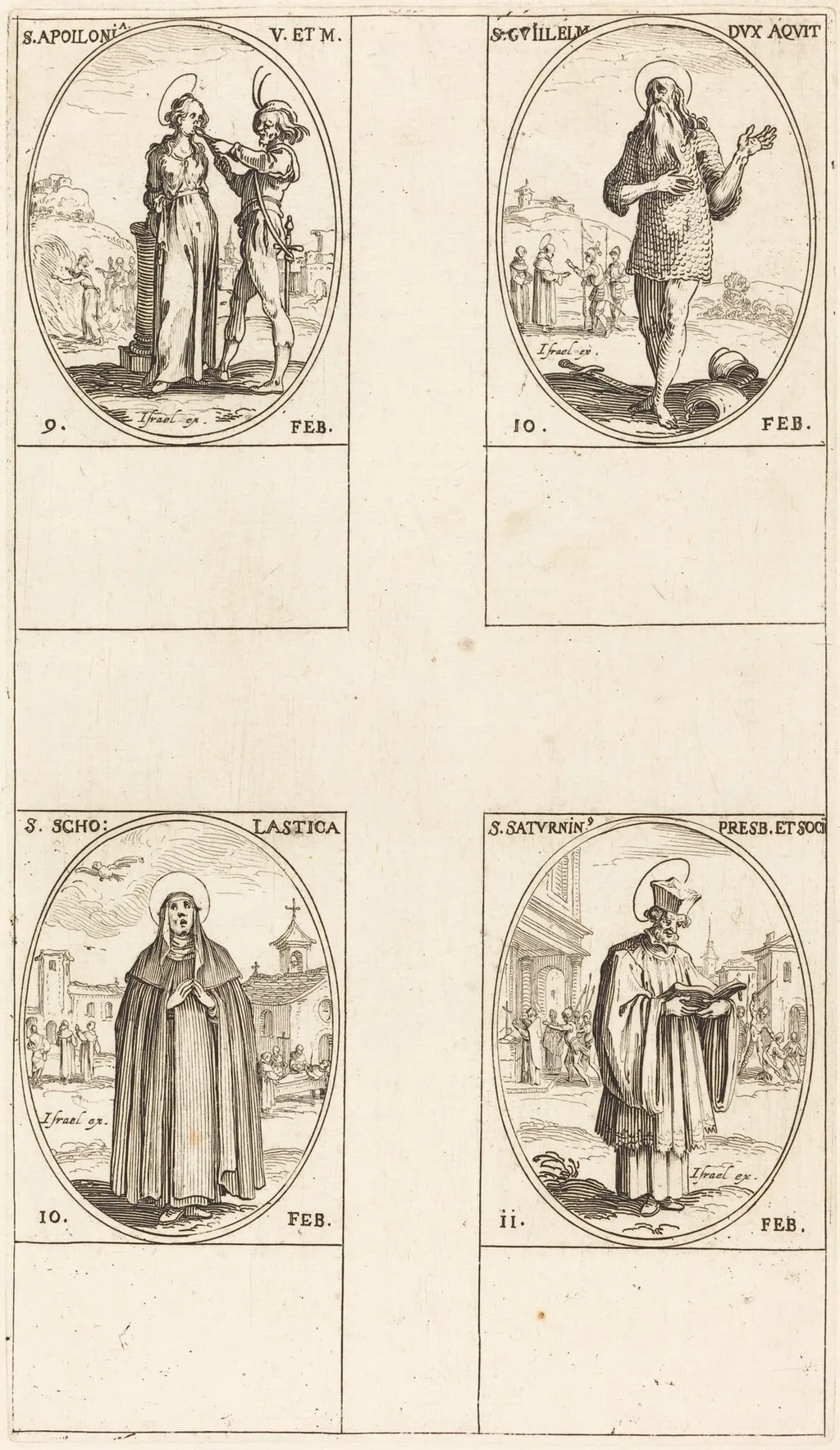 St. Apollonia; St. Guillaume; St. Scholastica; St. Saturnin, by Jacques Callot, ink, 1634