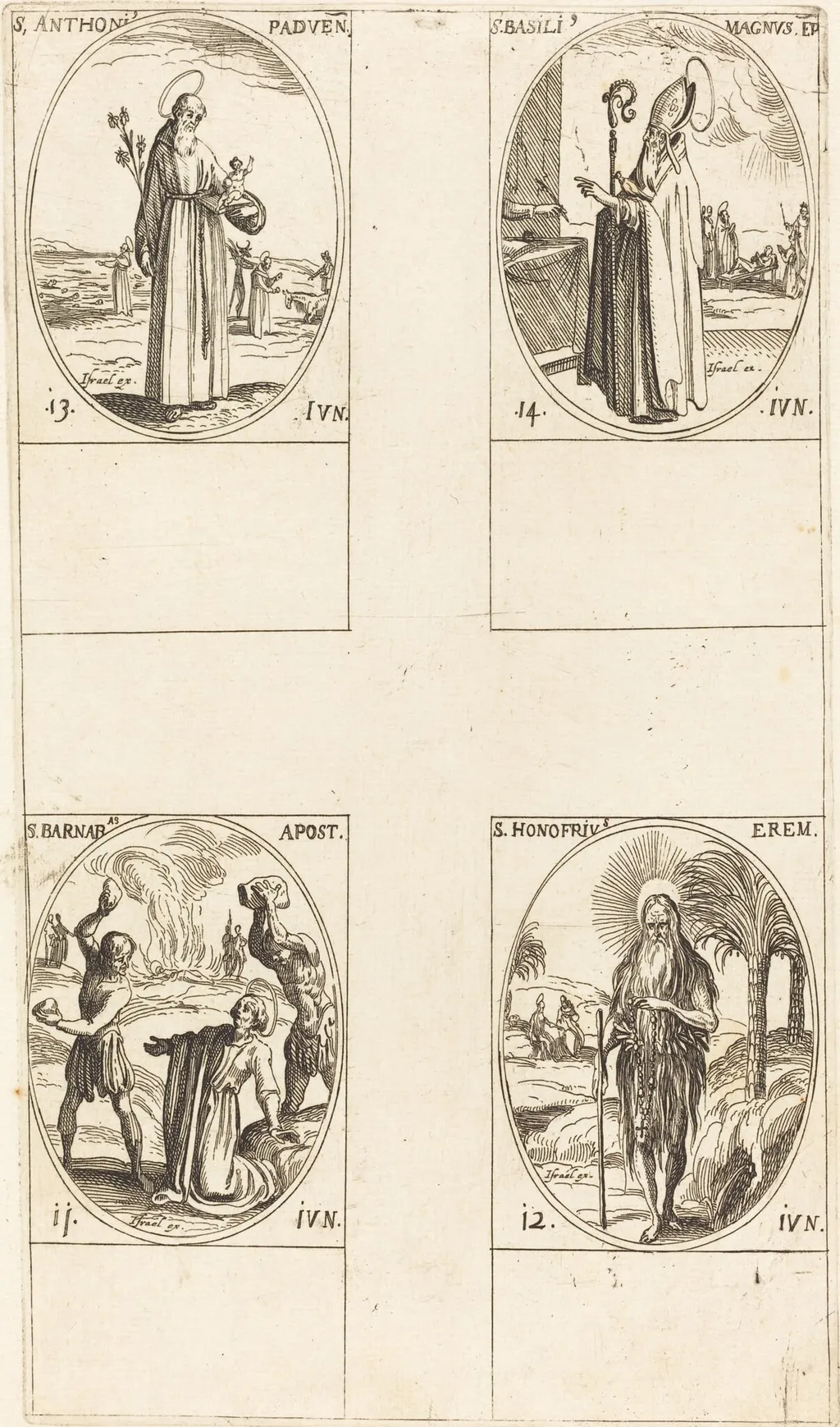 St. Barnabas, Apostle; St. Honofrius; St. Anthony of Padua; St. Basil the Great, by Jacques Callot, ink, 1634