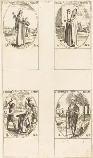 St. Barnabas, Apostle; St. Honofrius; St. Anthony of Padua; St. Basil the Great, by Jacques Callot