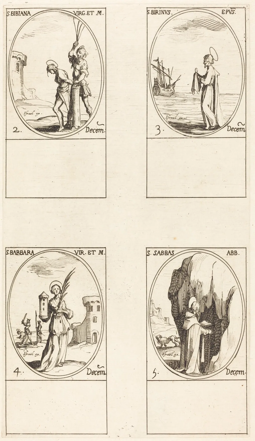 St. Bibiana; St. Birinus; St. Barbara; St. Sabbas, by Jacques Callot, ink, 1634