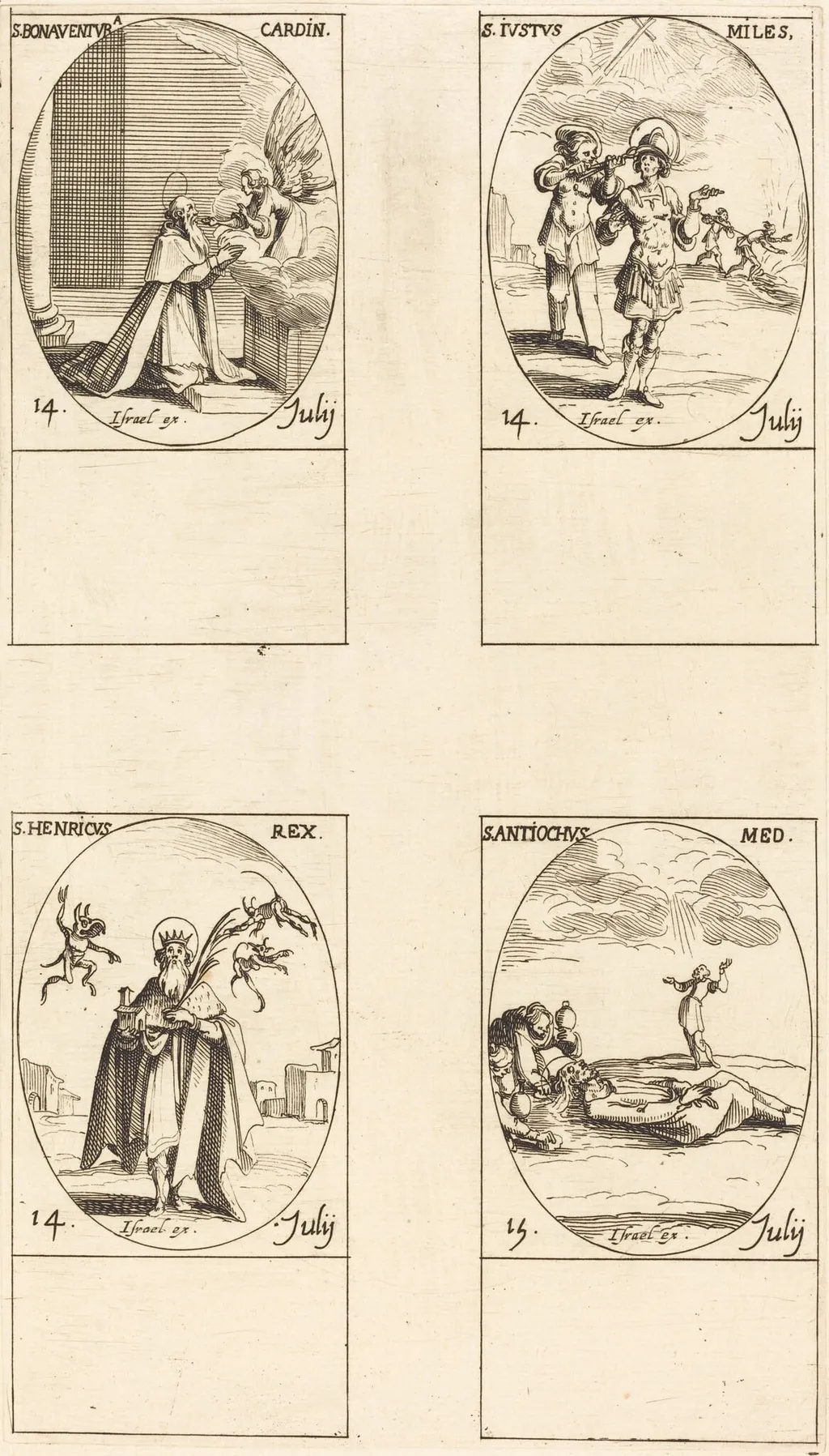 St. Bonaventura; St. Justus; St. Henry, Emperor; St. Antiochus, by Jacques Callot, ink, 1634