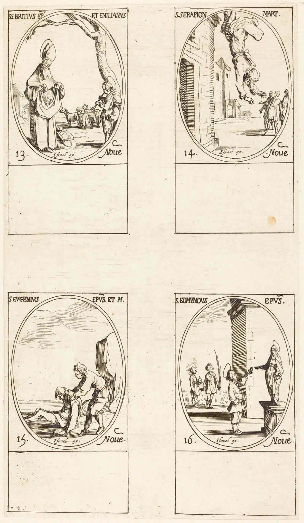 St. Brice; St. Serapion; St. Eugenius; St. Edmund, by Jacques Callot, ink, 1634