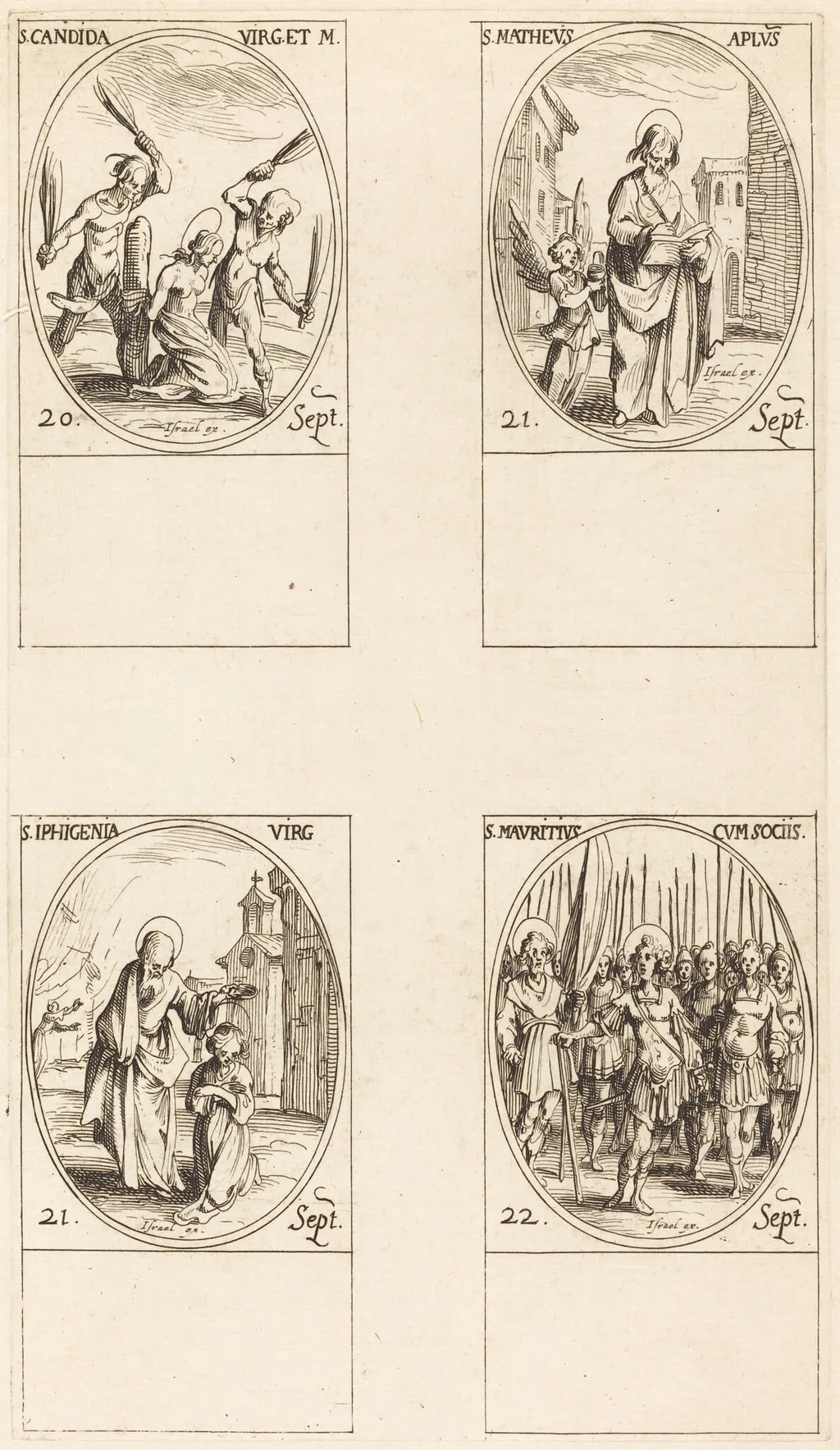 St. Canida; St. Matthew; St. Ipigenia; St. Maurice and Companions, by Jacques Callot, ink, 1634