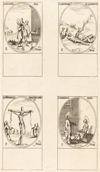 St. Castorius; St. Carpophorus & The Four Crowned Martyrs; Commemoration of the Image of Christ; St. Theodore, by Jacques Callot, 1634