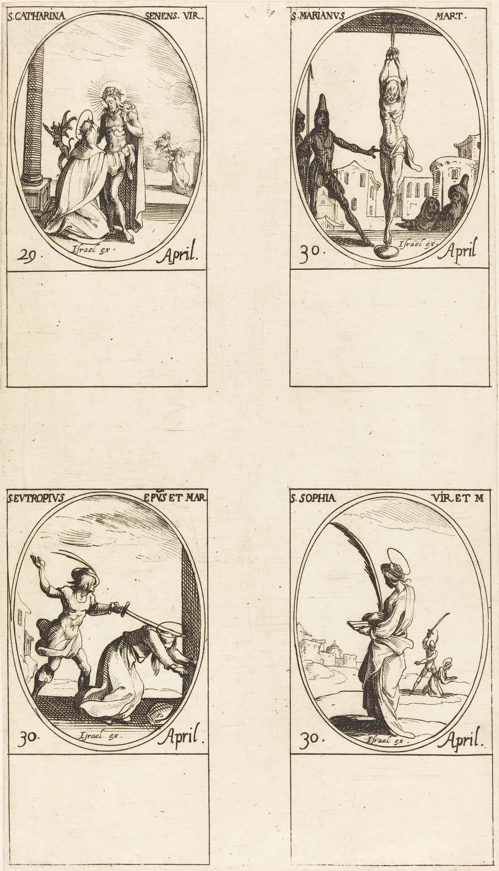 St. Catharine of Siena; St. Marian; St. Eutropius; St. Sophia, by Jacques Callot, ink, 1634