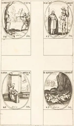 St. Christina; St. James, Apostle, and St. Christopher; St. Anne; Seven Sleepers of Ephesus, by Jacques Callot