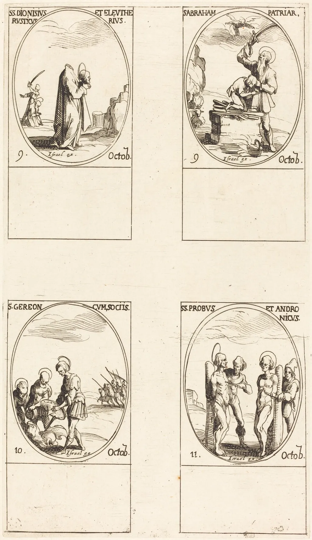 St. Dionysius, Rusticus & Eleutherius; St. Abraham; St. Gereon & Companions; Sts. Probus & Andronichus, by Jacques Callot, ink, 1634