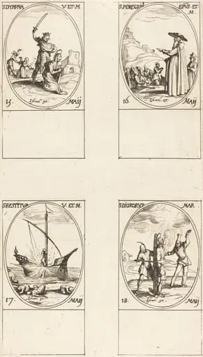 St. Dympna; St. Peregrinus; St. Restituta; St. Dioscorus, by Jacques Callot
