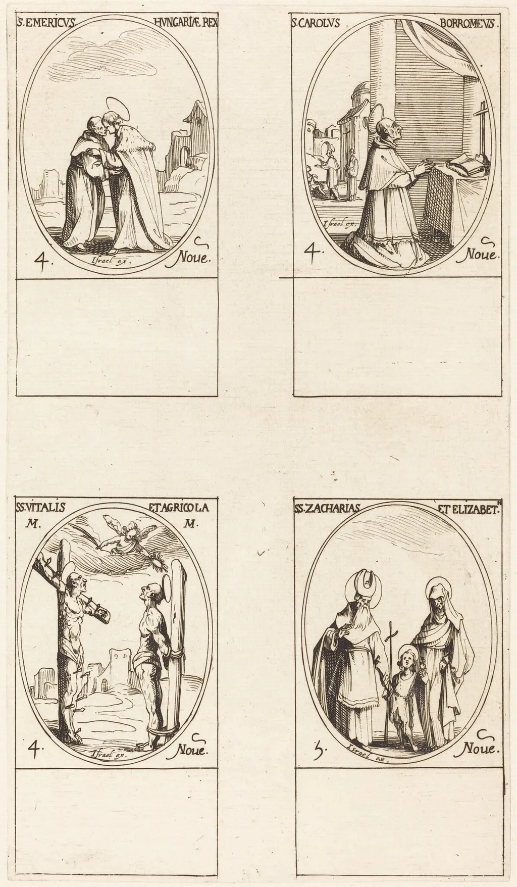 St. Emeric; St. Charles Borromeo; St. Vitalis & Agricola; Sts. Zachary & Elizabeth, by Jacques Callot, ink, 1634