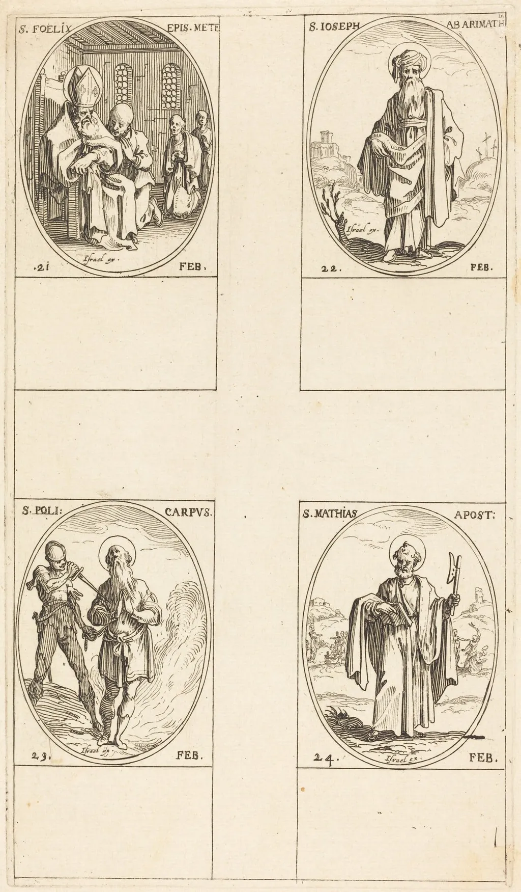 St. Felix; St. Joseph of Arimathea; St. Polycarpe; St. Matthias, Apostle, by Jacques Callot, ink, 1634