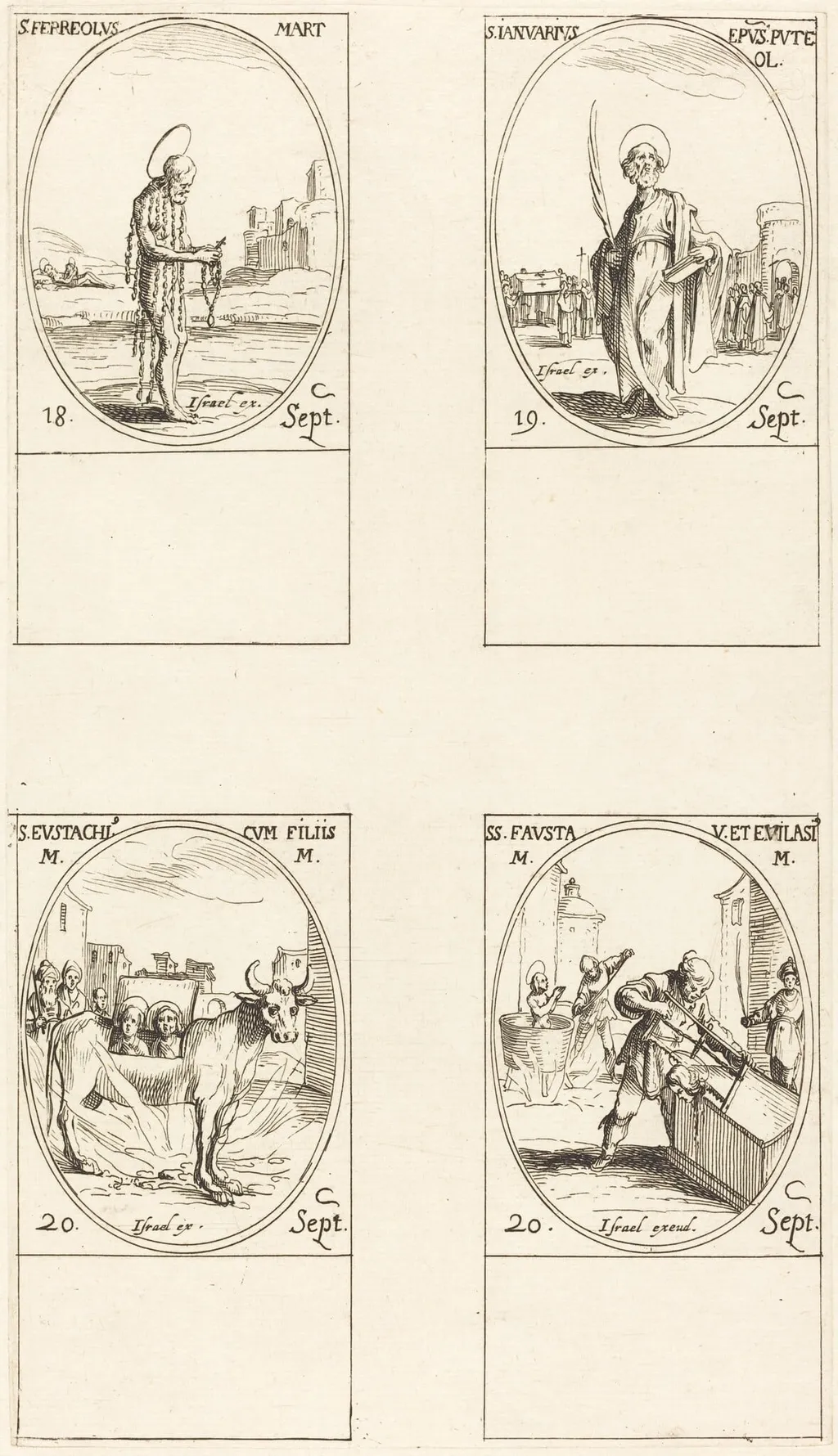 St. Ferreolus; St. Januarius; St. Eustachius & his Children; Sts. Fausta & Evelasius, by Jacques Callot, ink, 1634
