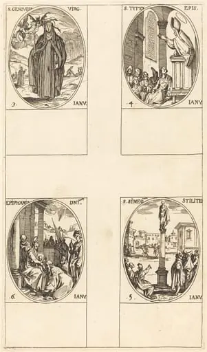St. Genevieve; St. Titus; St. Simeon Stylites; Epiphany, by Jacques Callot