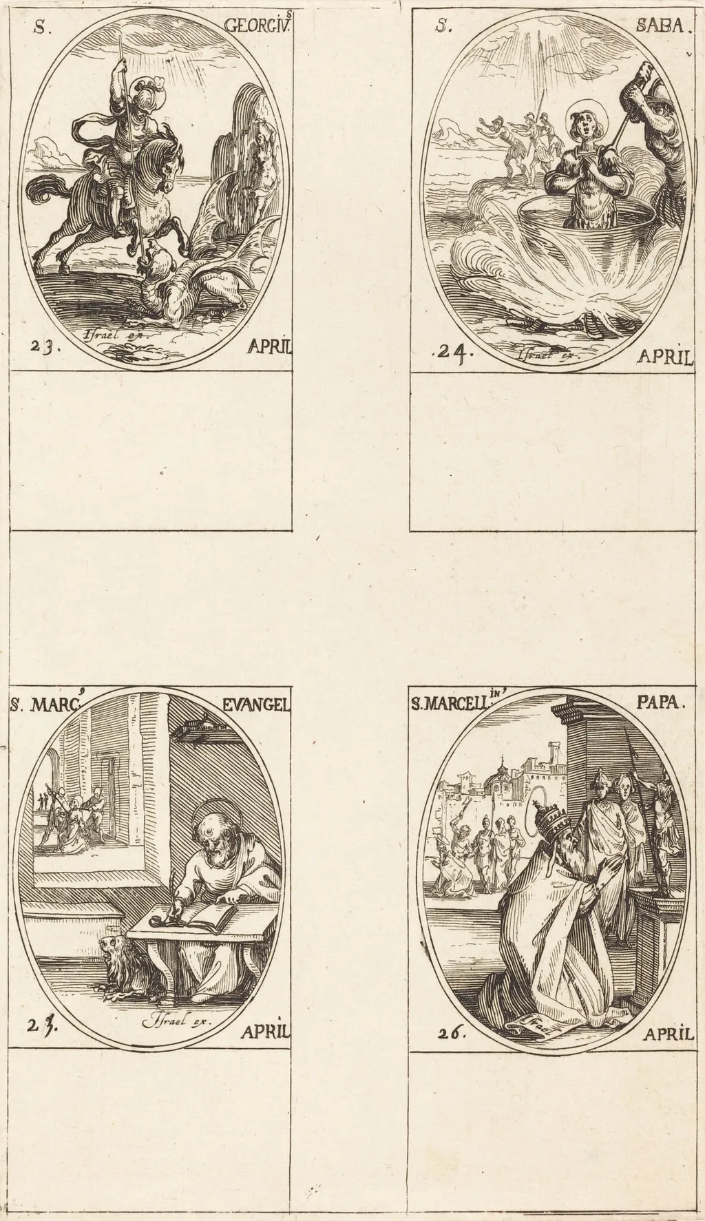 St. George; St. Sabas; St. Mark, Evangelist; St. Marcellin, by Jacques Callot, ink, 1634